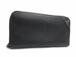 1円 PRADA プラダ サフィアーノレザー ラウンドファスナー 長財布 ウォレット メンズ レディース ブラック系 AW8171