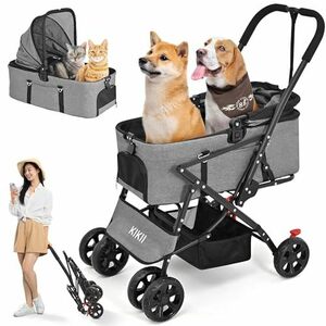 KIKII ペットカート 犬用ベビーカー 犬 猫バギー 分離型 4輪 小型犬 中型犬カート 多頭 軽量コンパクト リード2本付き 前輪360°回