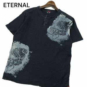 ETERNAL 備中倉敷工房 倉 エターナル 龍 プリント★ 半袖 インディゴ ヘンリーネック カットソー Tシャツ Sz.2　メンズ 紺　A4T04791_4#D