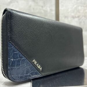 限定品 極美品 プラダ PRADA 長財布 ラウンドファスナー ジッピーウォレット クロコ サフィアーノ レザー 本革 ロゴ 黒 青 ビジネス メンズ