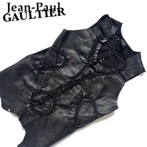 【送料無料】Jean Paul Gaultier ジャンポールゴルチエ レザー　ベスト　黒　ブラック　本革　レディース　ジレ　40 L 