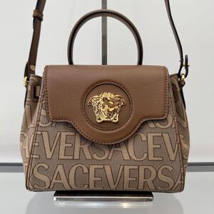 ヴェルサーチ◆オールオーバー◆ラ メデューサ スモール ハンドバッグ ブラウン VERSACE ショルダーバッグ チェーンストラップ レザー