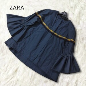 30 【ZARA BASIC】 ザラ フレアスリーブ ノーカラー ジップアップ ジャケット ブルゾン アウター S ネイビー 無地 刺繍 秋 ベルスリーブ 