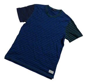 ■ Paul Smith JEANS ポールスミス ジーンズ ■ ロゴ ラベル ボーダー柄 半袖 Tシャツ ブルー×ネイビー×グリーン M