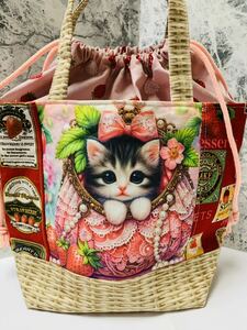 ハンドメイド　a.イチゴ猫ちゃんトート巾着