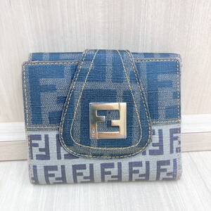 【美品】FENDI フェンディ ズッカ柄 二つ折り コンパクト 財布 ブラウン FF レザー PVC ウォレット