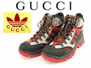 15万新品◆8=27cm◆グッチ GUCCI×adidasコラボ トレフォイルマークロゴ パネル切り替えカラフルハイトップスニーカー 赤×黒 1円