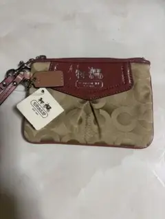 値下！COACH ポーチ ベージュ/赤 キャンバス/レザー