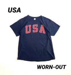 Worn-Out 雰囲気抜群 USA プリントTシャツ ギルダンボディ ネイビー