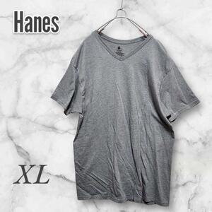 Hanes ヘインズ Vネックカットソー/Tシャツ 半袖 無地 グレー XL 夏 　2474