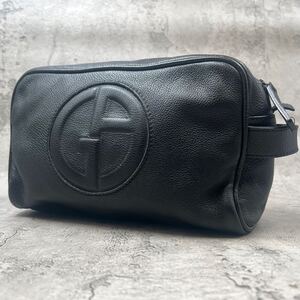 極美品●GIORGIO ARMANI ジョルジオ アルマーニ クラッチバッグ セカンドバッグ メンズ ビジネス エンボスロゴ 本革 レザー ブラック 黒