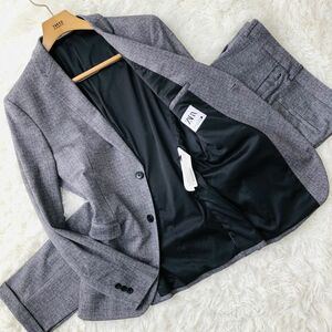 ザラ【ZARA】スーツ　セットアップ　テーラードジャケット　グレー　チェック　ストレッチ　サイドベンツ　ブレザー　メンズ　32