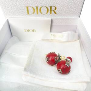 ディオール DIOR レディース トライバル ビー クローバー ピアス レッド 大理石 【中古】