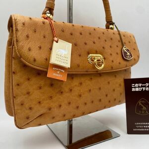 新品タグ付■JRA公認■オーストリッチ ワンハンドル ゴールド金具 ハンドバッグ 鞄 ダチョウ革 駝鳥 キャメル エキゾチックレザー 最高級◎