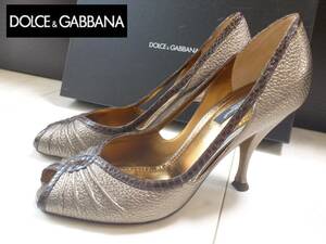 6万美品ドルチェ&ガッバーナ（Dolce & Gabbana）★ グレー×茶　本革　オープントゥパンプス　23