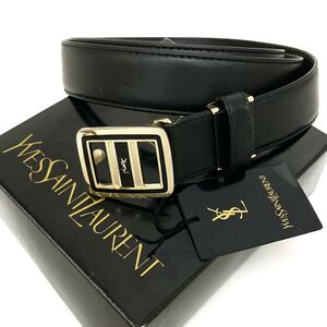 Yves Saint Laurent イブ サンローラン YSL レザーベルト ブラック レバー 本革 小物 共箱 alp依頼星0110