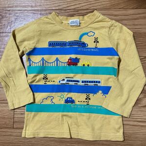 長袖Tシャツ　長袖　ロンT トップス　カットソー　100 子ども服　キッズ　新幹線　電車　車　乗り物　刺繍　黄土色　BAB CHIP