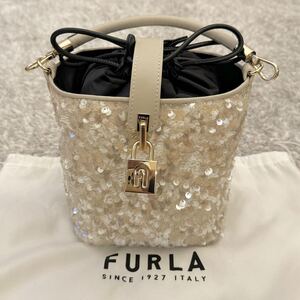 FURLA フルラ スパンコール バケット バッグ ホワイト キラキラ 2wayバッグ ショルダー ハンドバッグ 新品未使用品 保存袋付き