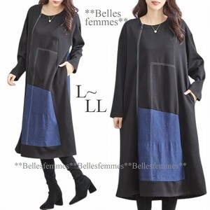 ★新品★送料185円★*L～LL*遊び心あふれるディテール*シーズンレスで活躍*レイヤードスタイルにも*デニムブルー切替ワンピース*040*TRUBE*