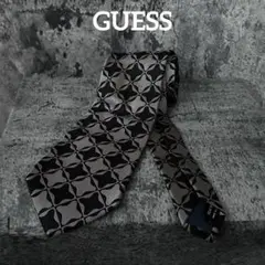 ★ GUESS ゲス　ネクタイ　シルク　幾何学模様　シルバー×ブラック