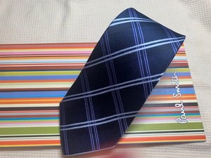 Paul Smith ポールスミスMade in Italy ネクタイ紺白チェック柄シルク100