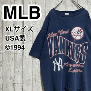 ☆送料無料☆ Salem MLB ニューヨークヤンキース プリントTシャツ シングルステッチ XLサイズ ネイビー USA製 90s 1994 22-57