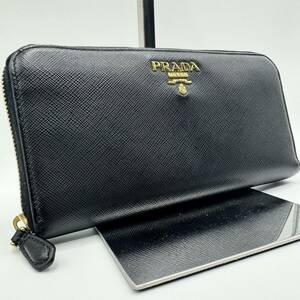 1円■極美品■PRADA プラダ 三角ロゴ サフィアーノレザー ラウンドファスナー トライアングル 長財布 メンズ レディース ビジネス ブラック