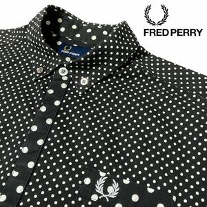 人気のドット柄【FRED PERRY】半袖 BDシャツ フレッドペリー ロゴ刺繍 極上コットン100% 黒×白 水玉 Lサイズ相当 良品◎ 春夏に最適