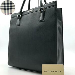 美品/A4収納可●バーバリー BURBERRY メンズ ビジネス ハンドバッグ トート ノバチェック ロゴプレート サフィアーノレザー 黒 自立 書類鞄