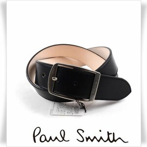 新品1円～★ポールスミス Paul Smith メンズ 日本製 牛革レザー ロゴ スクエアバックル ベルト M 黒 ブラック ビジネスベルト 本物◆4805◆