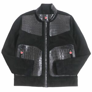 美品□KITON/キートン ラムスキン スウェード クロコダイル使い レザーブルゾンジャケット/ライダース ブラック 50 イタリア製 希少◎