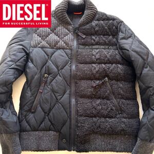 【極美品・L相当】ディーゼル DIESEL ダウンジャケット ケーブル編み ニット 切替 キルティング グレー ブラック 黒 ブルゾン ジップアップ