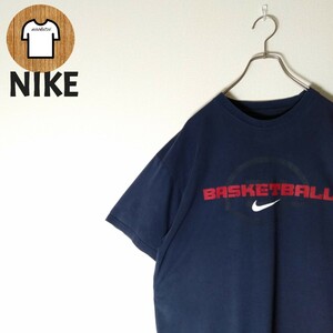 【NIKE Tシャツ XL ダークカラー ネイビー ビッグプリント A821 海外古着】