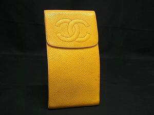 1円 ■美品■ CHANEL シャネル ココマーク キャビアスキン フラップ マルチケース ポーチ 小物入れ レディース イエロー系 FK2230