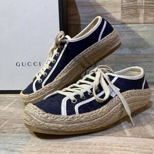 【イタリア製】GUCCI グッチ bee ウェッジソールスニーカー GGパターン ネイビー×ベージュ UK7 1/2 26.5cm前後 PAR AMOUR 