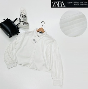 未使用品 /XS/ ZARA ホワイト プリーツ袖シャツ レディース タグ カジュアル トップス フェミニン 大人可愛いボタンガーリー デイリー ザラ