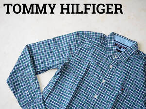 ☆送料無料☆ TOMMY HILFIGER トミーヒルフィガー 古着 長袖 チェック スリムフィット シャツ メンズ L グリーン トップス 中古 即決