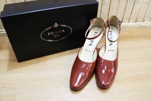 ★美品！PRADA/プラダ アンクルストラップパンプス エナメル ブラウン系 36 1/2 イタリア製 箱付き ヒール高約8.5cm ★