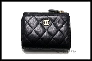 近年モデル希少美中古■CHANEL 21番台 キャビアスキン マトラッセ レザー 3つ折り財布 シャネル■1003udA1262-O