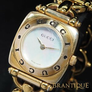 【電池交換済み】 GUCCI グッチ 6400L ホースビット GP QZ ゴールドカラー シェル文字盤 USED品 稼働 レディース 腕時計 「24092」