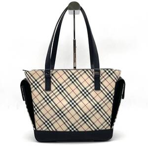 1円 良品 BURBERRY バーバリー ノバチェック トートバッグ ショルダー 肩掛け ベージュ ブラック キャンバス レザー