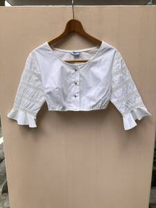 ヨーロッパ古着 ショート丈race blouse vintage shirt コットンレースブラウス フレアスリーブ 白七分袖LV798