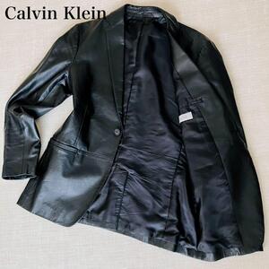 【美品】Calvin Klein カルバンクライン テーラードジャケット 1B ラムレザー 羊革 黒 ブラック 36 S