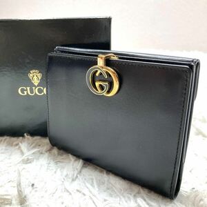 極美品 グッチ【超希少アイテム】GUCCI 折り財布 コンパクトウォレット 小銭入れ付 インターロッキング 黒 レザー 保存箱付 ロゴプレート 