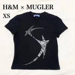 H&M MUGLER／ミュグレー／プリントTシャツ／黒／XS