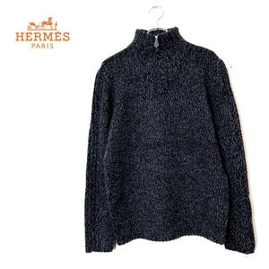 1N1515-D◆美品◆ old イタリア製 HERMES エルメス ピュアカシミヤニット セーター ハーフジップ ローゲージ 厚手◆sizeM グレー ウール