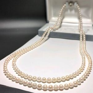 【2連 ロング】アコヤ真珠 6.4-7.0mm 87cm ホワイト ネックレス 本真珠 アクセサリー SILVER pearl あこや パール