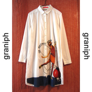 graniph／グラニフ　イラストの入ったロングシャツワンピース　白