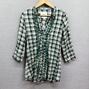 J537 Abercrombie&Fitch アバクロンビー&フィッチ ノーカラー シャツ ブラウス フリル 七分袖 チェック Ｖネック コットン グリーン S