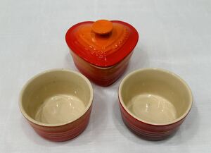 ◇ LE CREUSET ルクルーゼ ラムカン ハート型 ラムカン耐熱容器 赤 3個まとめ 現状品◇